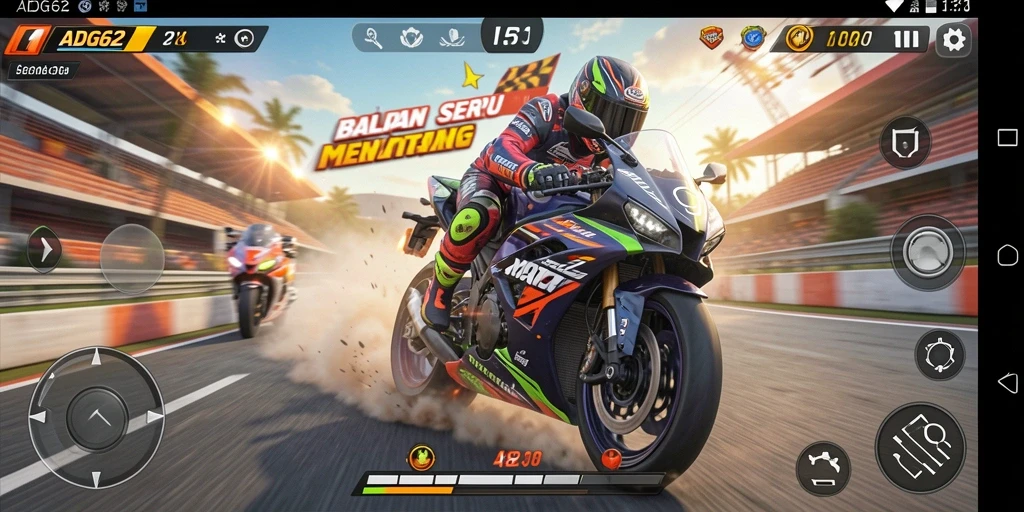 Screenshot gameplay ADG62 menampilkan balapan motor penuh aksi.