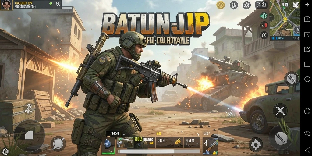 Screenshot gameplay AKUNJP menampilkan aksi pertempuran seru dalam Battle Royale.