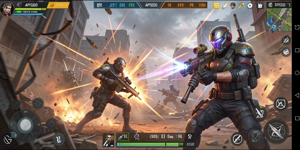 Screenshot menampilkan pertarungan intens dalam game FPS API5000.