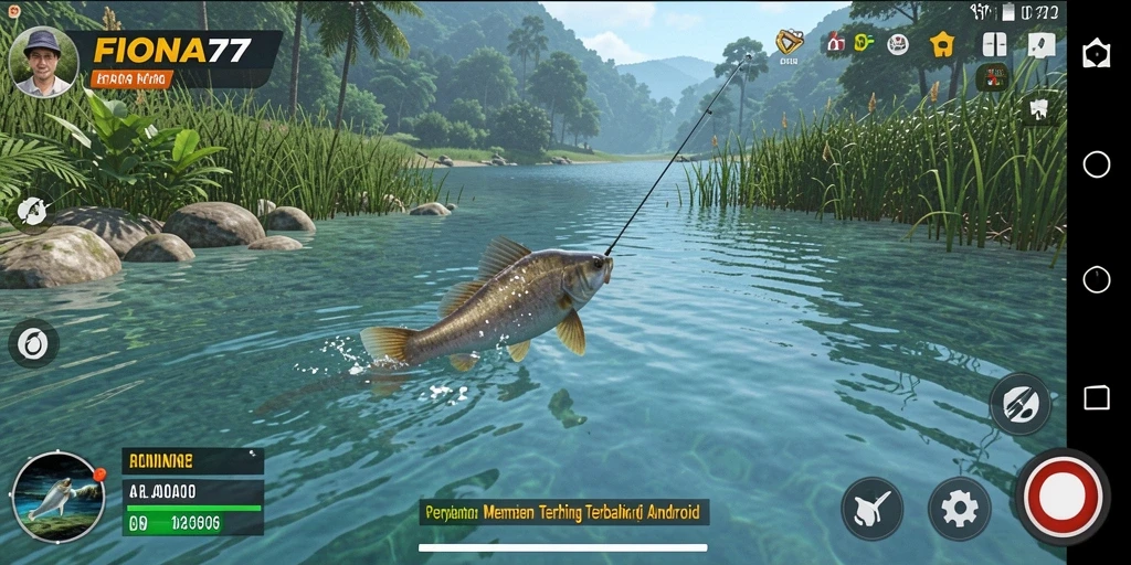 Tampilan gameplay FIONA77 yang menampilkan suasana memancing yang menenangkan.