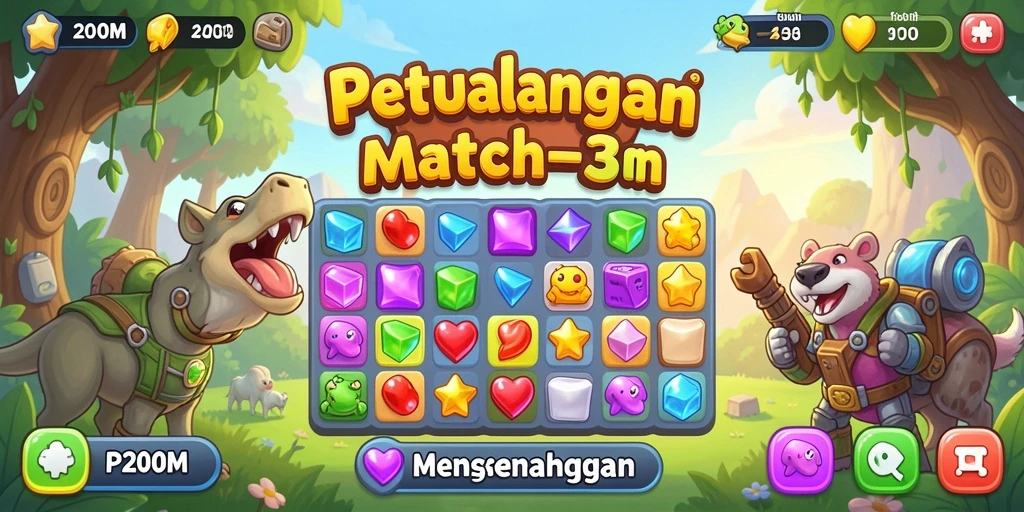 Screenshot P200M menampilkan gameplay Match-3 yang penuh warna dan seru.