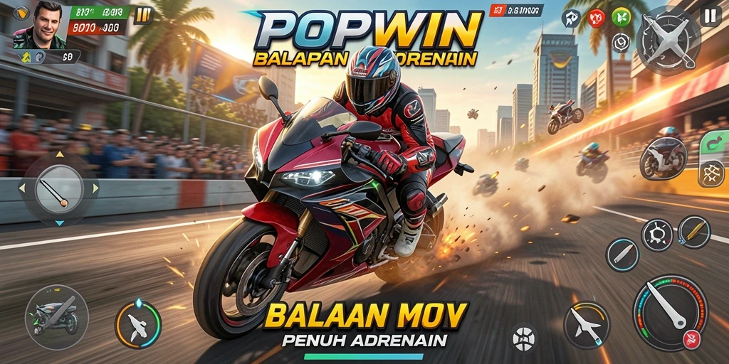 Tampilan gameplay seru dengan motor balap yang melaju kencang.